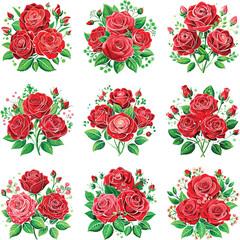 Decorative bouquets featuring vibrant red roses and green leaves 