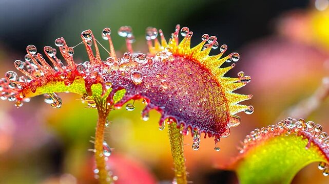 Close-up of Venus flytrap leaves with water droplets
