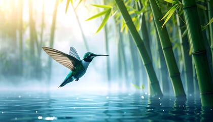 Hummingbird Flying Over Water with Bamboo Forest in Background