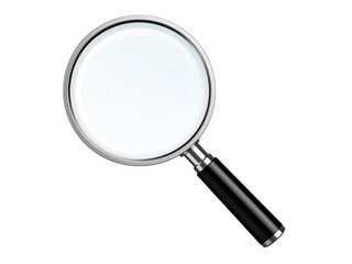 A magnifying glass with a black handle and silver frame, isolated on a white background.
