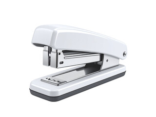 A close-up, isolated view of a white stapler, ready to bind papers.