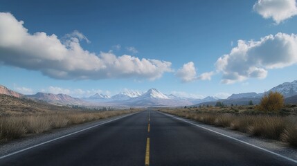 Fototapeta premium Empty road leading to snowy mountains under a partly cloudy sky