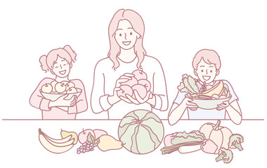 A joyful family with kids showcases colorful fruits and vegetables, highlighting the importance of healthy eating