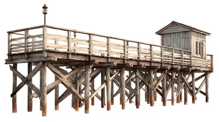A weathered wooden pier extends into the distance with a small shack