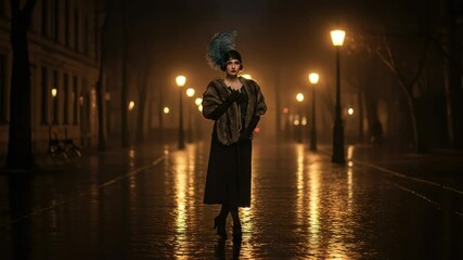 Elegant vintage fashion shoot on a wet city street at night with a retro flair scene