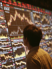 Remain invested : Man focused on monitoring multiple screens displaying fluctuating stock market graphs and financial data.