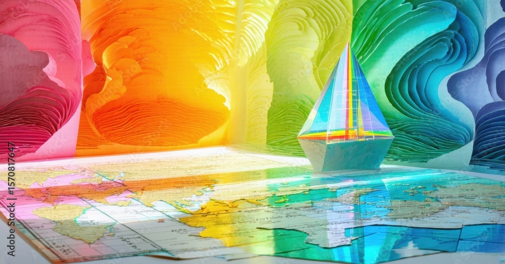 Poster Colorful paper layers form abstract waves behind prism resting upon map. Bright hues create vibrant, artistic composition.