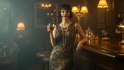 Elegant woman in twenties attire drinking whiskey at a dimly lit vintage bar setting ambience - Powered by Adobe