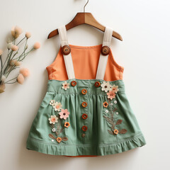  Floral embroidered sleeveless baby dress in peach and mint green flat lay on white