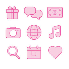Icons representing various concepts such as communication, celebration, finance, and creativity in a pink theme