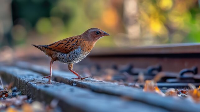 Small bird walking along railway tracks. - Powered by Adobe