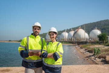 Mechanical engineer working and inspection gas pipeline system new construction project of...
