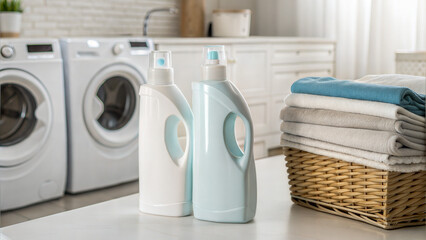 Unisex Period Products Modern laundry setup with detergent bottles, clean towels, and washing machines in a bright room.