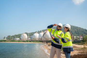 Mechanical engineer working and inspection gas pipeline system new construction project of...