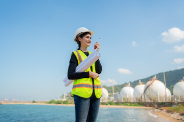 Mechanical engineer working and inspection gas pipeline system new construction project of...