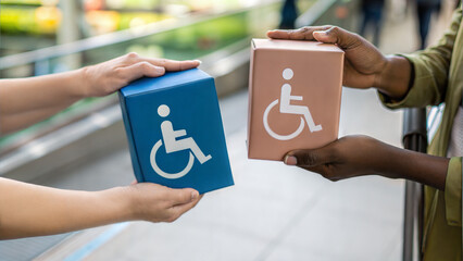 Unisex Period Products Hands exchanging two boxes featuring accessibility symbols in a vibrant setting.