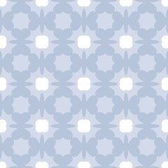 Calm symmetrical flower floral geometric icons in soothing pale blue and white hues retro grid seamless pattern background wallpaper. Snowy Meadow Print soft blue foliage fabric pattern.