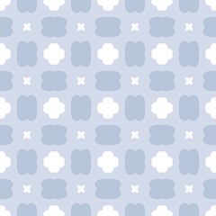 repeat pattern rounded floral shapes and small crosses in soothing powder blue and white background. simple elegant grid cloud like flowers and tiny x shaped blossom background seamless.
