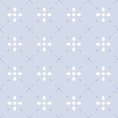 Seamless repeat tiny white flowers with delicate leaf accents on a pastel powder blue background. Minimalist petal motifs clean balanced grid motif with tiny leaf details fabric tile cross.