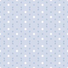 Seamless repeat of soft star blooms and leaf clusters in powder blue shades background. White star like florals and blue petal dots repeated in tidy rows grid stripes.