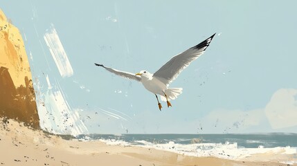 A seagull soars above a tranquil beach scene.
