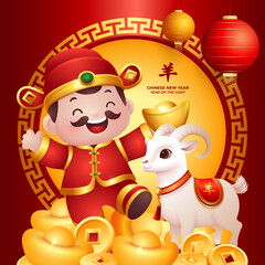 Year of The Horse 2026, Cute 3D God of Wealth and Zodiac Goat with golden ingots.