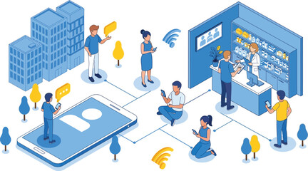 Isometric vector illustration of people using mobile devices in a city