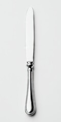 Sleek, silver butter knife with a gently curved, ornate handle and a polished blade, set against a plain white background