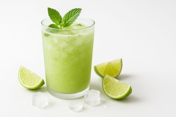 Refreshing Mint Lime Drink with Ice and Lime Slices in Glass