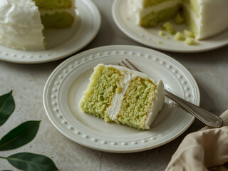 Captivating Cinematic Photograph Showcasing a Vibrant Green Cake Slice with Creamy Frosting on a White Plate Display