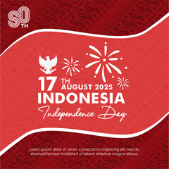 80th Indonesia Independence Day template design with beautiful Indonesian batik pattern background and 80 logo. Dirgahayu Republic Indonesia 80 greeting, template, banner, poster,social media feed