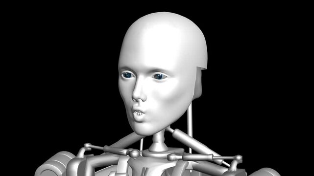 A 3D animation of a humanoid futuristic robot with a human-like face and metallic skeleton. The robot speaks and emotes like a human, showcasing advanced AI design. Perfect for sci-fi, tech demos, or 
