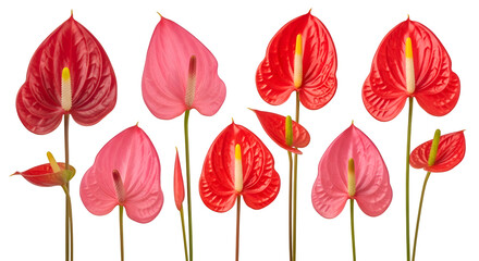 Obraz premium Vibrant Red & Pink Anthurium Blooms on Black Background, Exquisite Tropical Flower Display