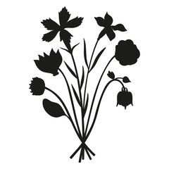 Wildflowers silhouette bouquet. Hand-drawn cyclamen, matthiola, pansy, meadow flowers, herbs, and wild plants. Botanical elements for design projects. Minimal style, vector illustration