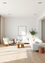 Fototapeta premium Scandinavian minimal modern living room with white couch armchair and rug Empty room interior design architecture blank design room