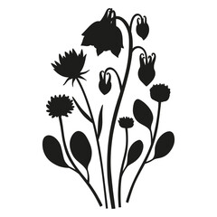 Wildflowers silhouette bouquet. Hand-drawn aquilegia, inflorescence meadow flowers, herbs, and wild plants. Botanical elements for design projects. Minimal style, vector illustration