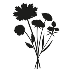 Wildflower silhouette bouquet. Hand-drawn pansies, cosmea, meadow flowers, herbs, and wild plants. Botanical elements for design projects. Minimal style, vector illustration