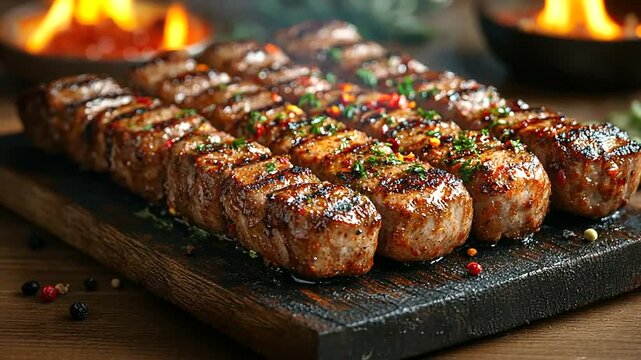 Delicious grilled cevapcici on a wooden board with a fiery background and vibrant garnish