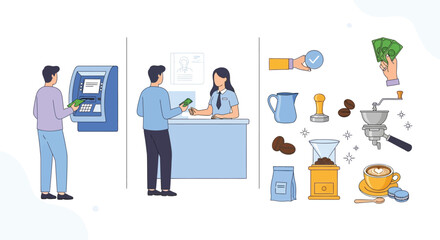 Vector illustration of banking and coffee preparation