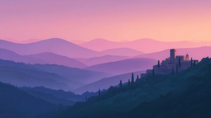 Serene Landscape at Twilight with Mountains and Historic Castle