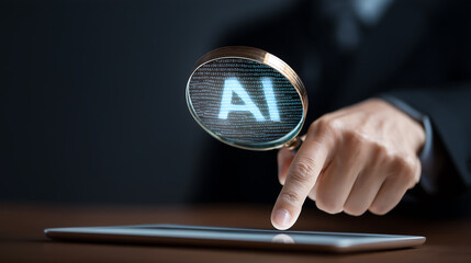 Businessman's hand holding a tablet computer with a magnifying glass for business research and discovery