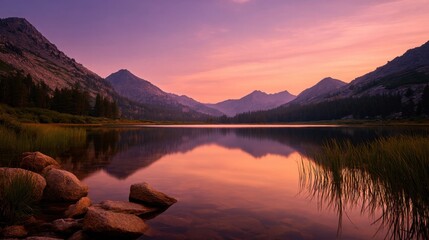 Serene Mountain Reflections at Sunset Over Tranquil Lake Landscape