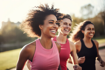 A multiethnic group of young women during a jogging workout in the park. Joint training to motivate youth and maintain health in middle age. Format photo 3:2