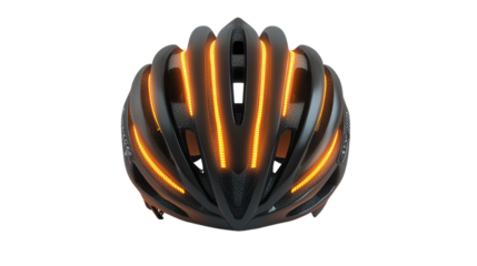 • A high-tech bike helmet with built-in lighting and turn signals, isolated on white background in HD 