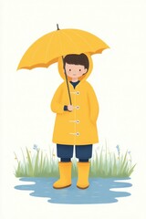 Cheerful Child in Yellow Raincoat Holding Umbrella with Puddle