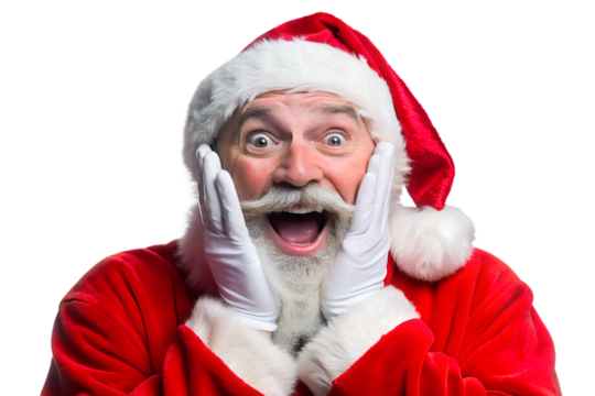 Surprised Santa Claus in red suit, white gloves, and hat; joyful Christmas expression, isolated on black background.