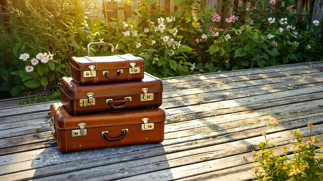 Vintage suitcases stacked on a wooden deck surrounded by blooming flowers in sunlight