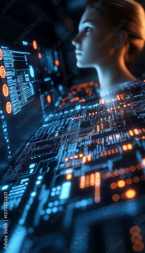 Poster a human figure amidst a dynamic matrix of data and ai, symbolizing modern technology integration