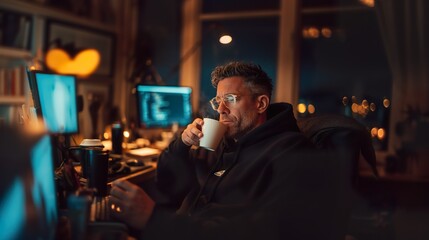 A programmer in a black hoodie sips coffee amidst glowing screens in a dimly lit home office, surrounded by tech gear and code.