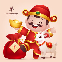 Cute 3D God of Wealth and Zodiac Goat with Money Bag, Year of the Goat 2027 Banner.